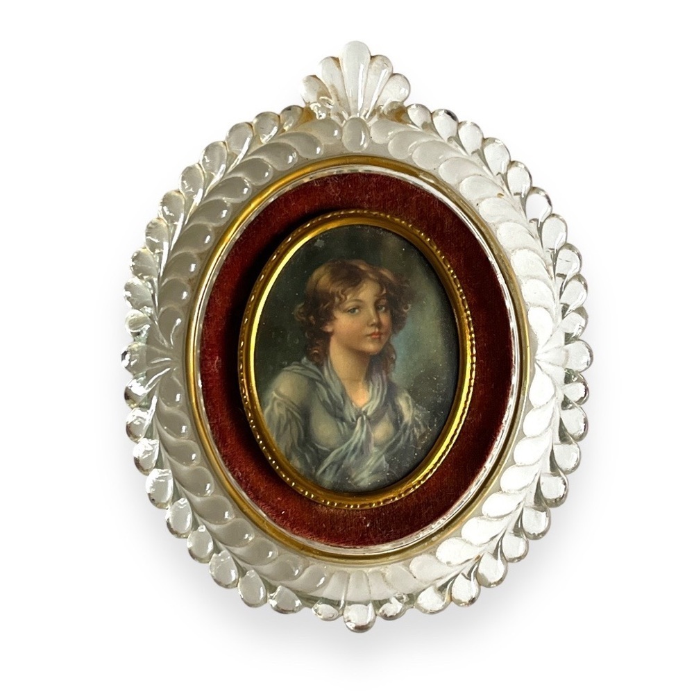 Scrolled Frame Innocence Jean Batiste Greuze Vintage Raised Relief‎ Heavy Glass
